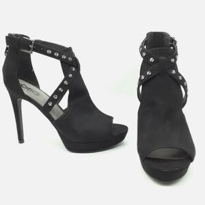 GBG Guess Los Angeles Black Studded Jasin Almond Open Toe Stiletto Sandals Heels